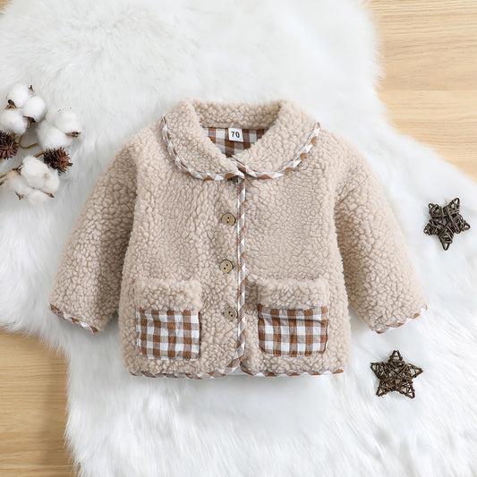 Plush Plaid Long Sleeved Lamb Coat For Baby Girl