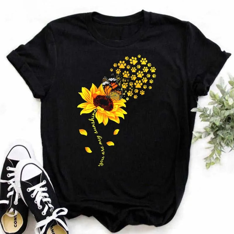 Maycaur Women's T-shirt Casual Kawaii Sunflower Butterfly