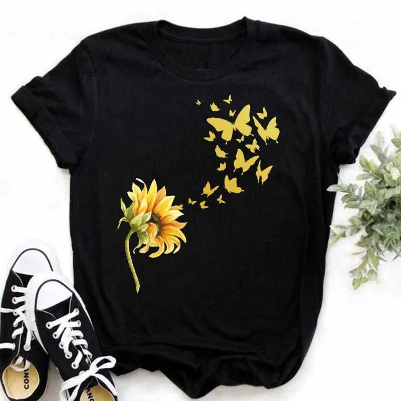 Maycaur Women's T-shirt Casual Kawaii Sunflower Butterfly