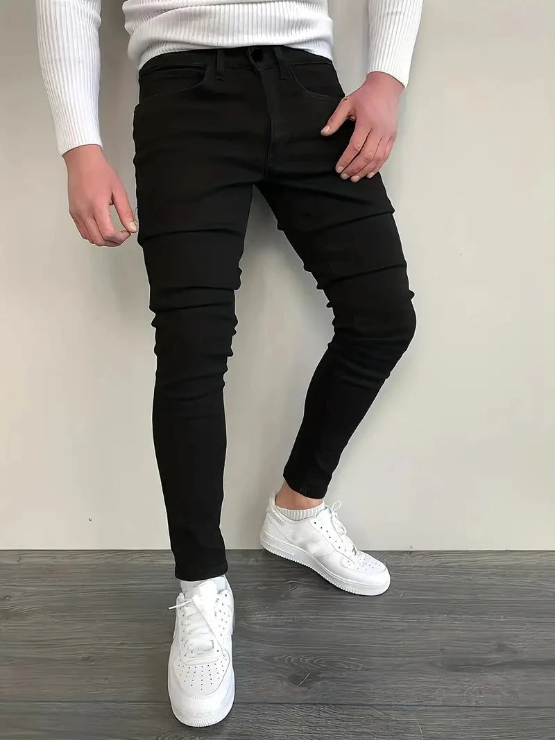 Men Jeans Stretch Skinny Denim Pants Solid Color Black Blue