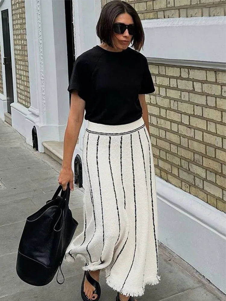 TARUXY Striped Knitted Long Skirt Women Summer Tassel