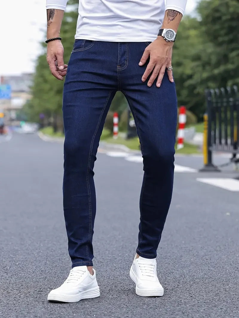 Men Jeans Stretch Skinny Denim Pants Solid Color Black Blue