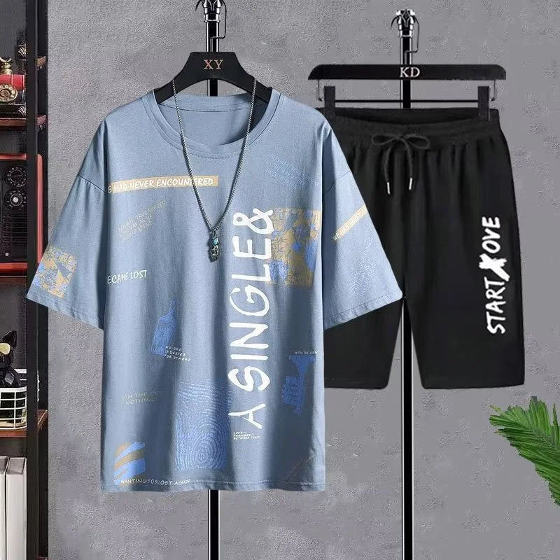 Men Casual Sports Set Trendy Short Sleeve Summer Shorts