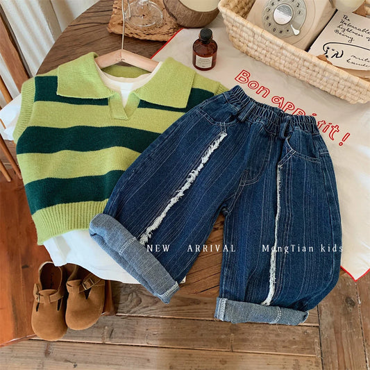 Children Boys Solid Denim Pants Autumn Elastic Waist