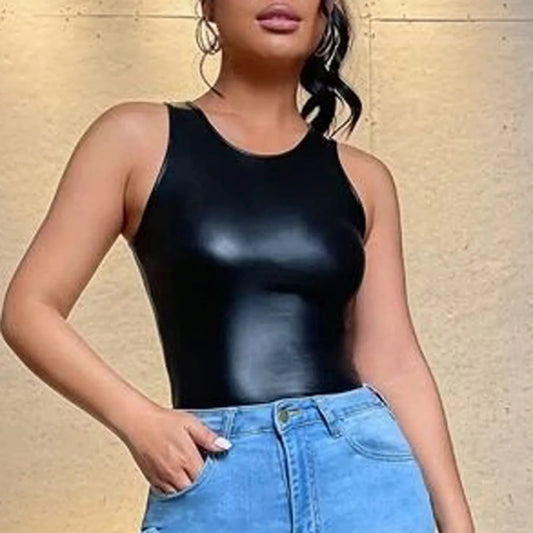 Sexy Black Slim Fit Patent Leather Short Vest Tops Women's