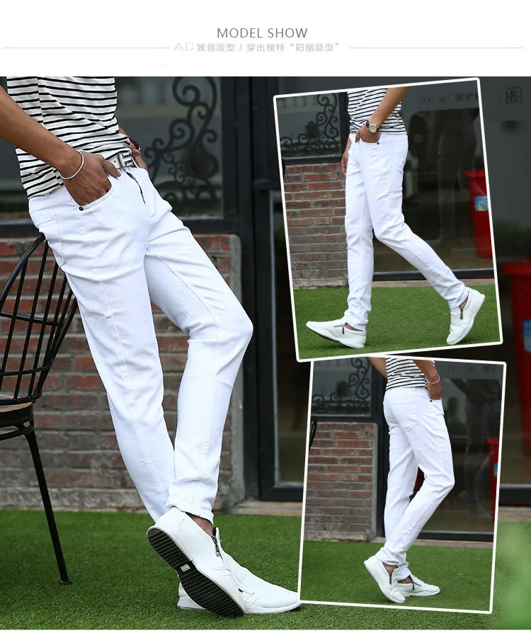 Men's Elastic Slim White Jeans Pants Korean Fashion