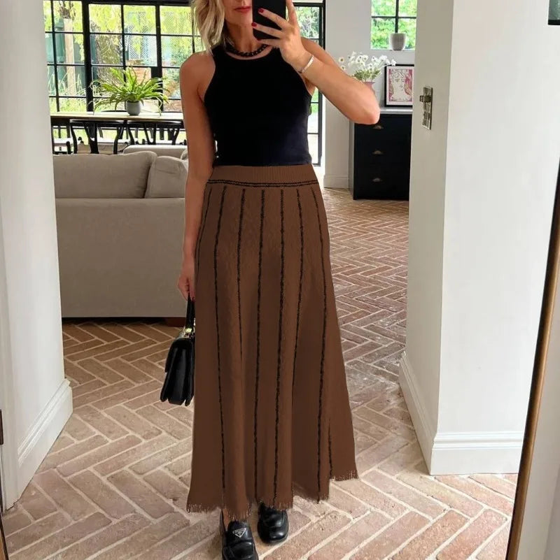 TARUXY Striped Knitted Long Skirt Women Summer Tassel