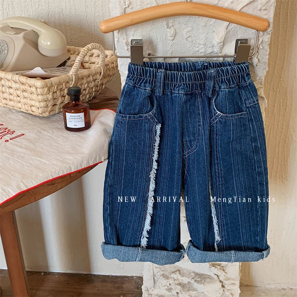 Children Boys Solid Denim Pants Autumn Elastic Waist